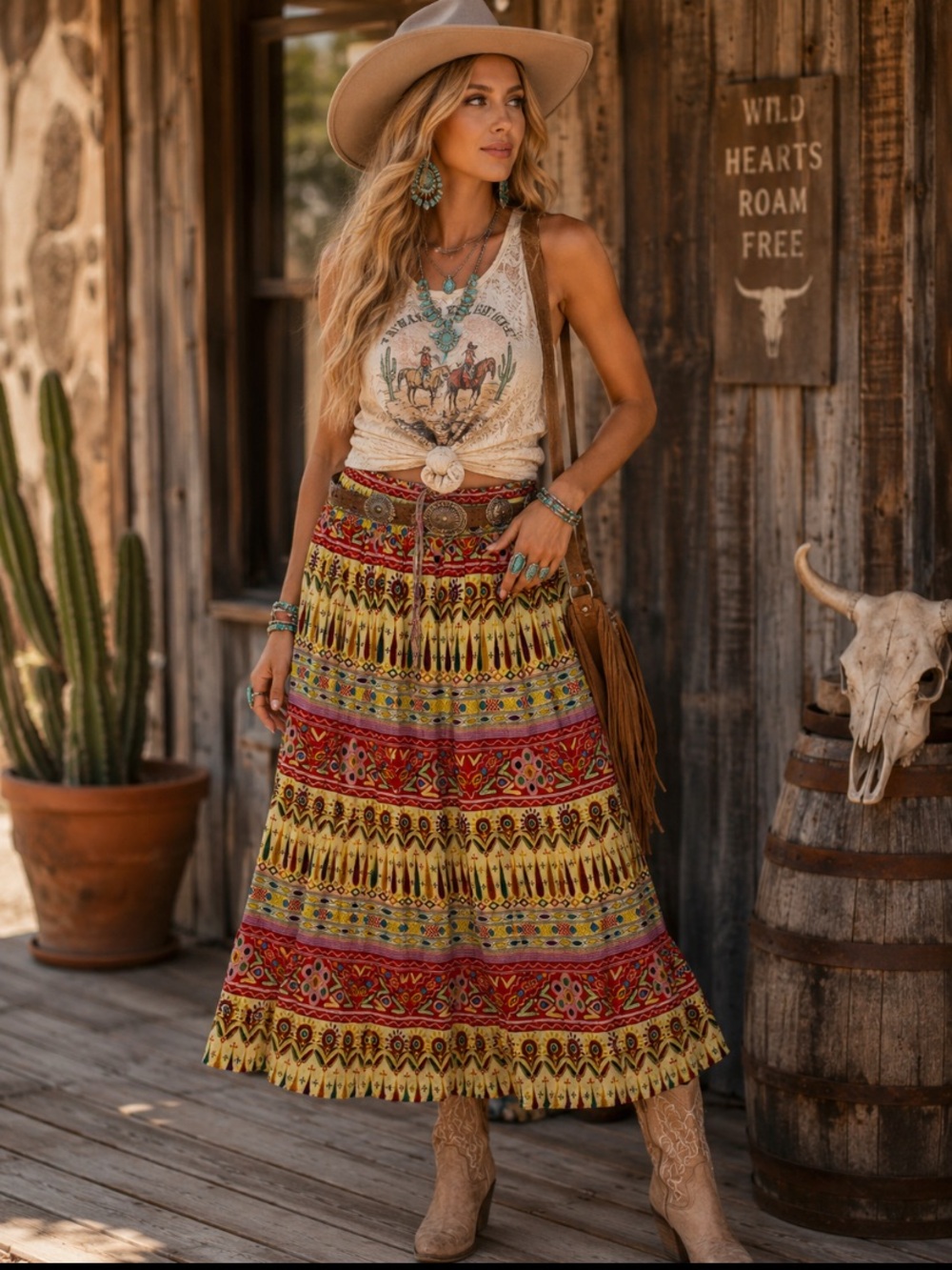 Boho Tribal multicolor Printed Maxi Skirt Festival western Hippie size large